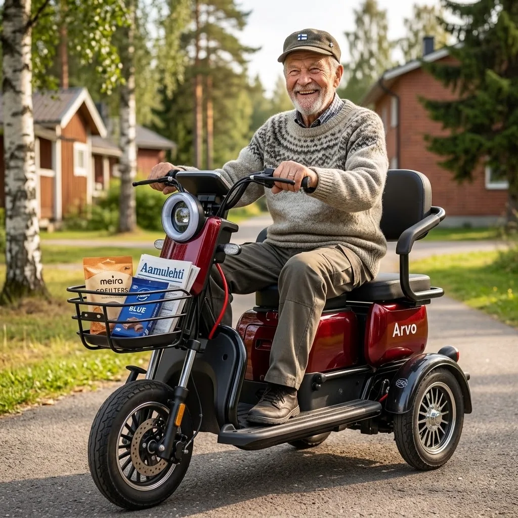 Arvo P250 senioriskootteri, punainen, seniori ajaa pihatiellä