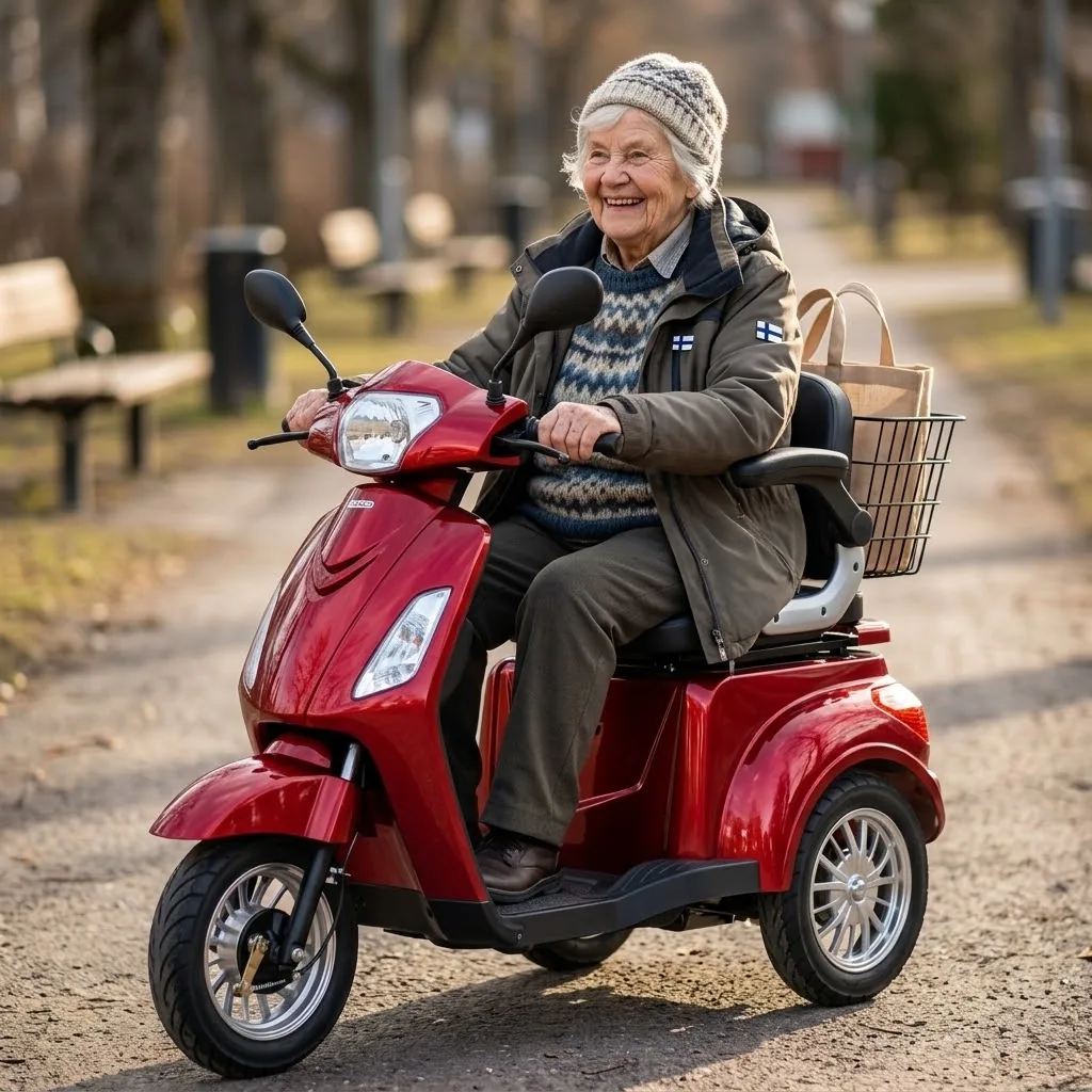 Arvo P300 senioriskootteri, punainen, iäkäs nainen ajaa puistossa