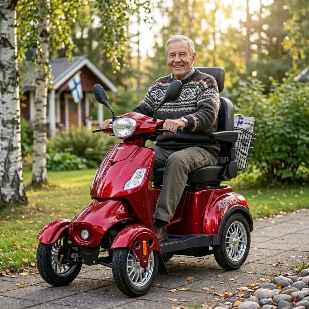 Hymyilevä seniori ajaa punaista Arvo-senioriskootteria kesäisellä pihatiellä